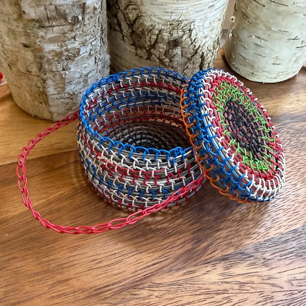 Vintage Handwoven Telephone Wire Basket Box Boho African Global Art